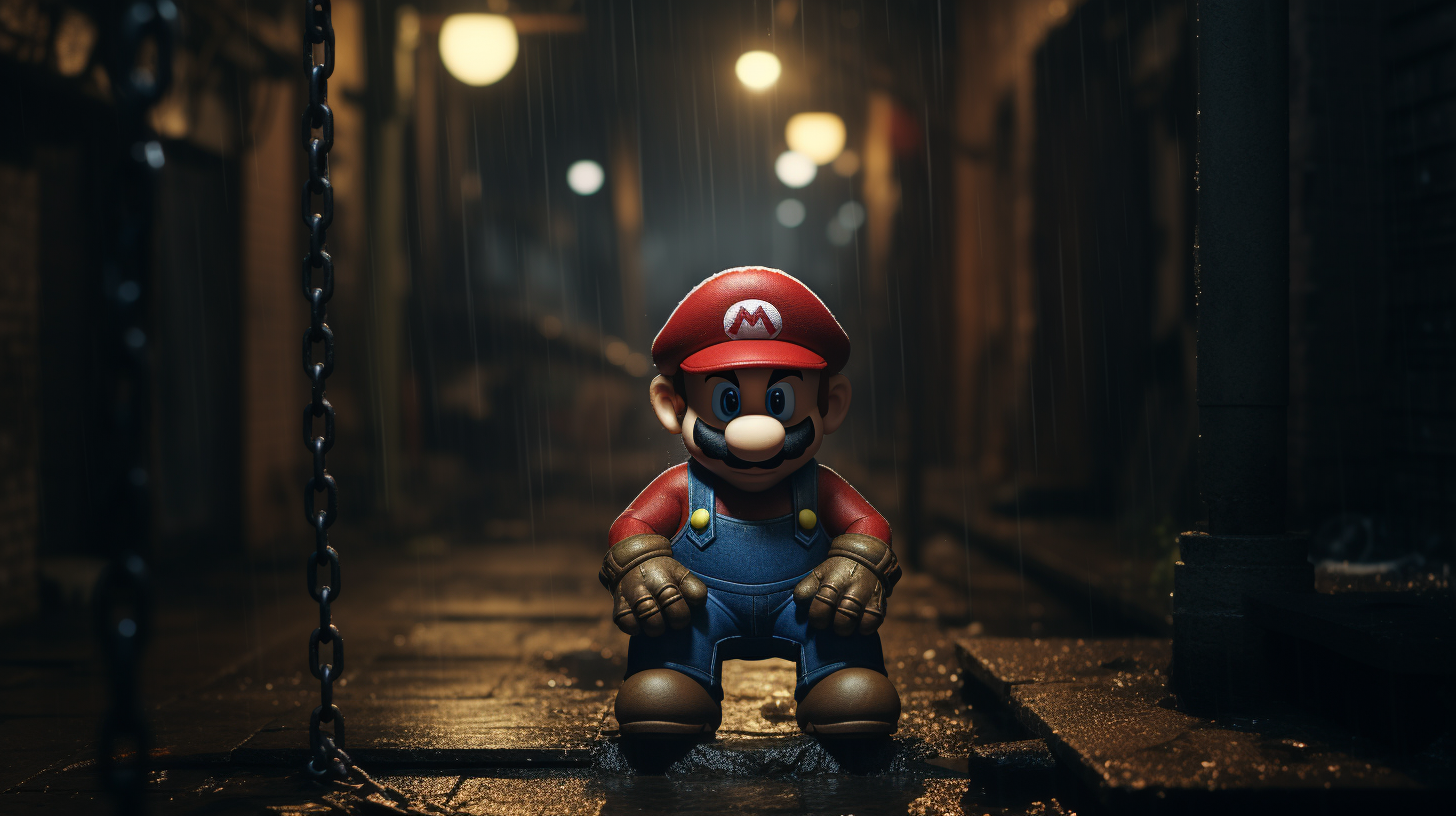 Depressed Mario with Gold Chain in Dark Alley