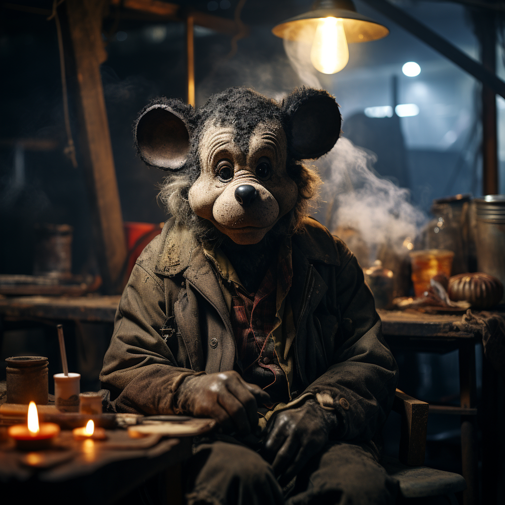 Mickey Mouse smoking in industrial light