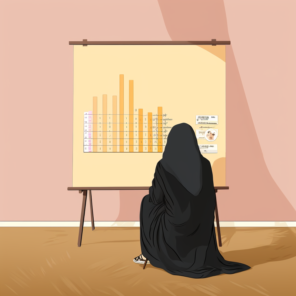 Depressed Muslim Mother presenting bar chart