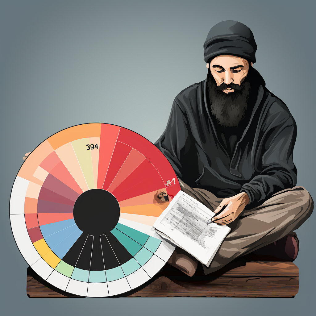 Illustration of a depressed terrorist presenting a pie chart