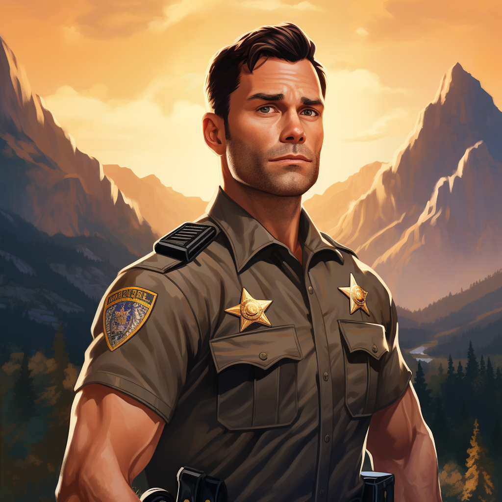 Muscular Deputy Sheriff with Mountain Forest Castle