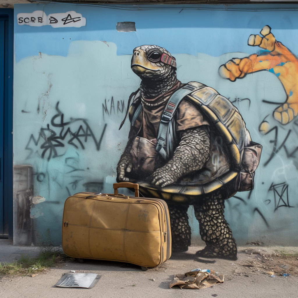 Dermochelys Coriacea with Luggage and 'No More Hotels' Sign