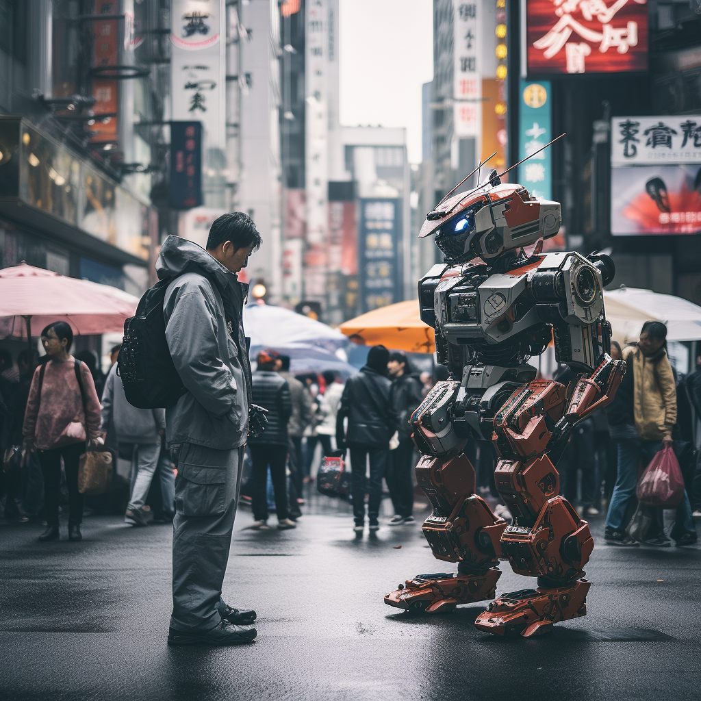 Vibrant cyberpunk mech battle in Tokyo