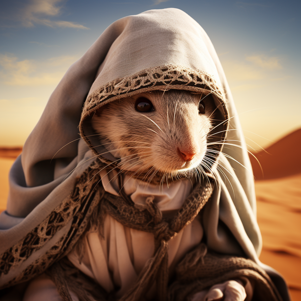 Cute rat dressed as an Arab in the Sahara Desert