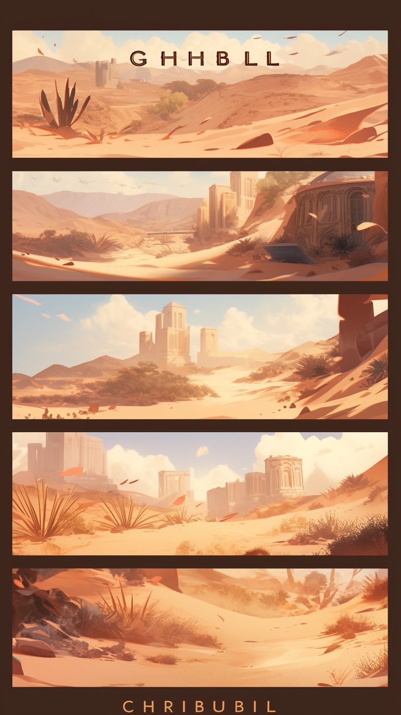 Multiple frames of a desert with a beaming sun