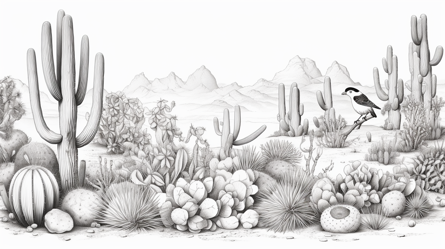 Black and white outline of desert cacti