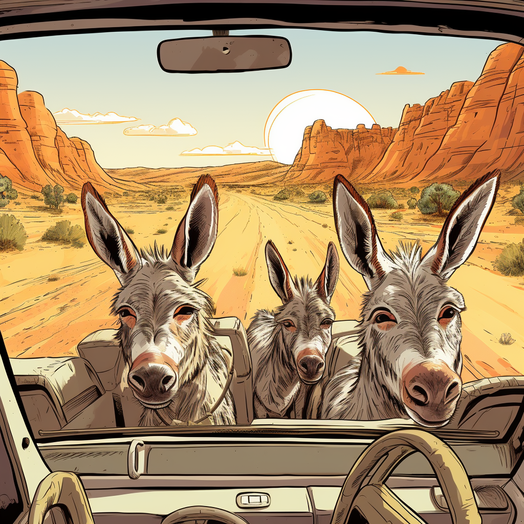 Friendly donkeys enjoying an open car window in the desert