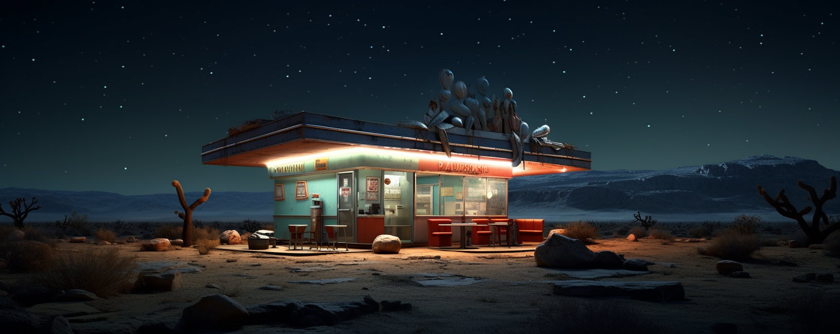 Vibrant lights illuminate desert diner at midnight