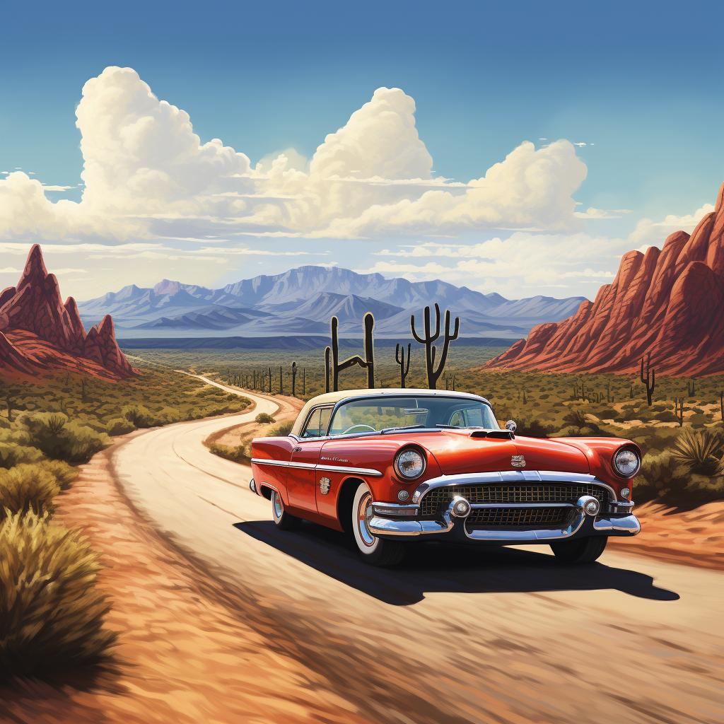 Vintage hot rod driving through desert landscape