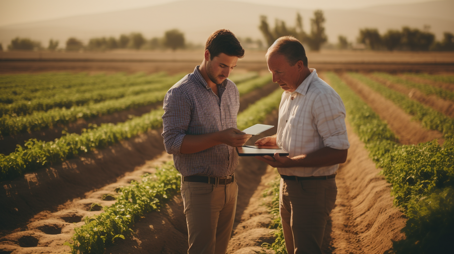 Men inspecting desert farm irrigation system