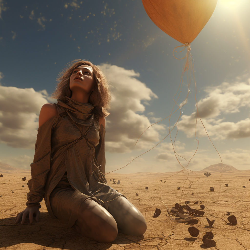 Unconscious female floating away in post-apocalyptic desert