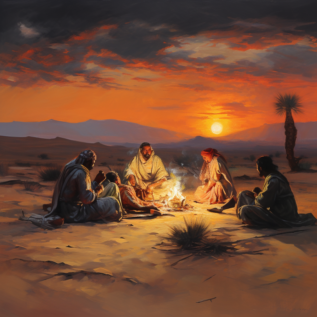 Group enjoying sunset around desert fire