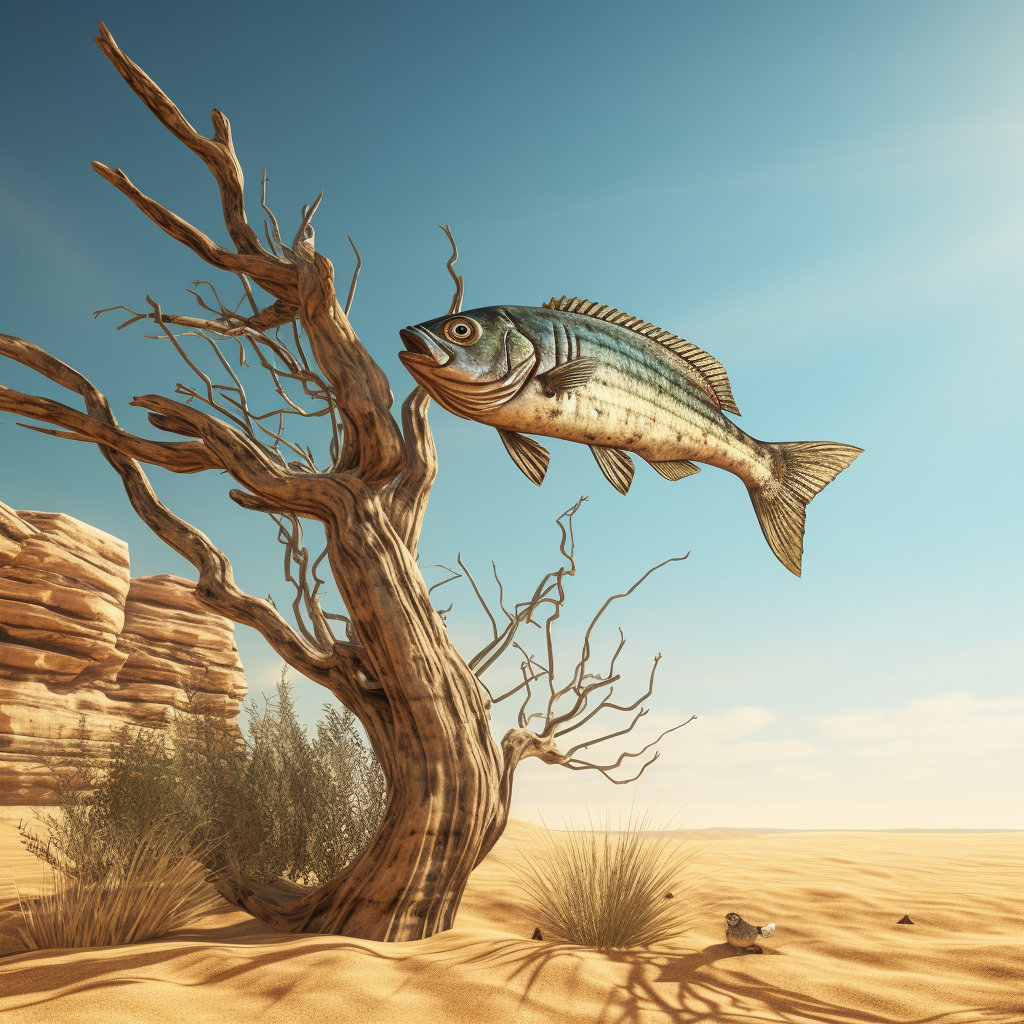 Anatomically Correct Fish Climbing Tree in Sunlight