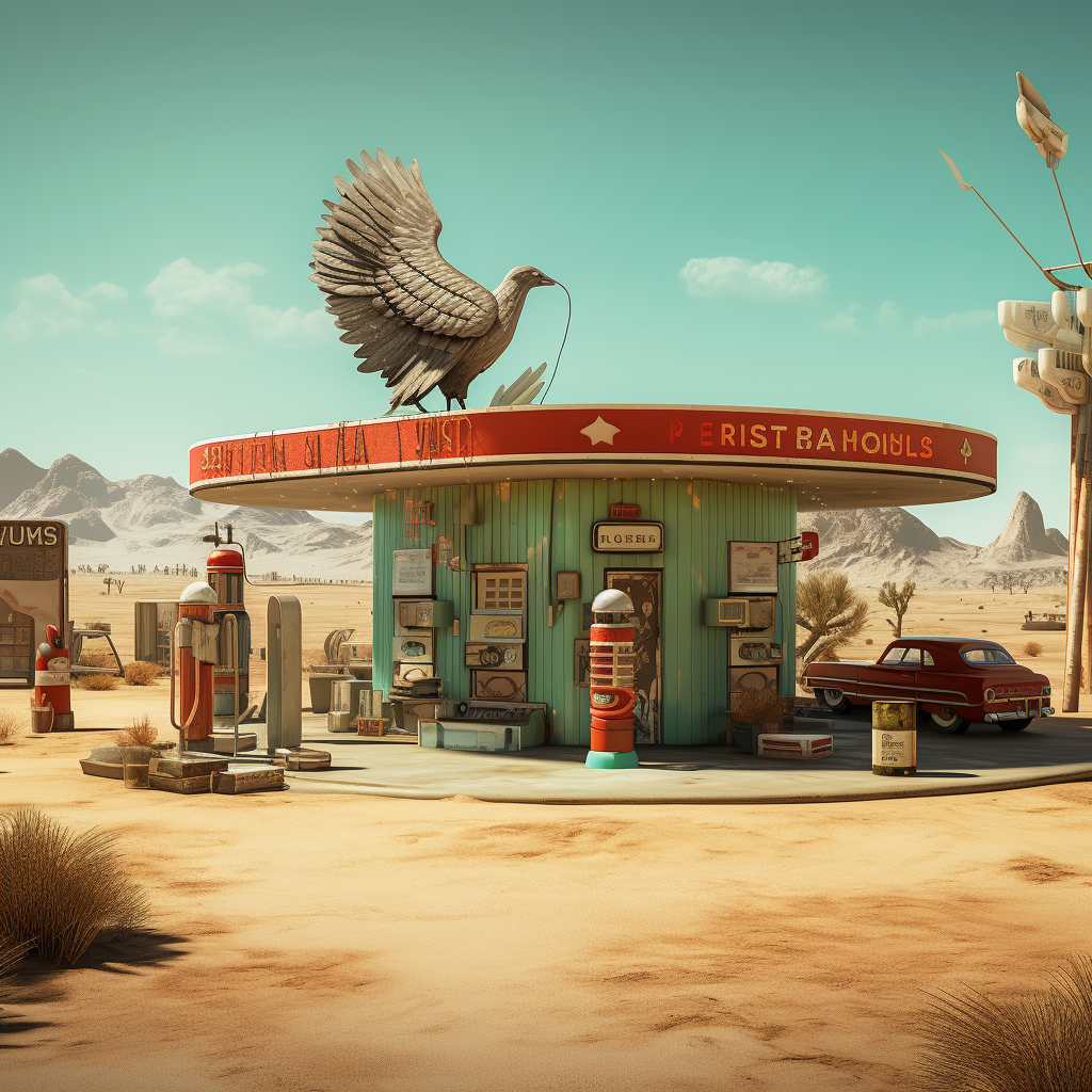 Vintage gas station with vulture on neon sign