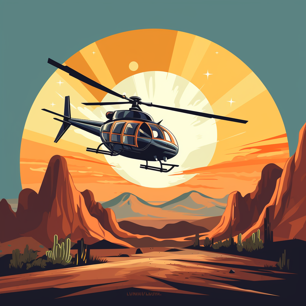 Helicopter flying over desert mountains