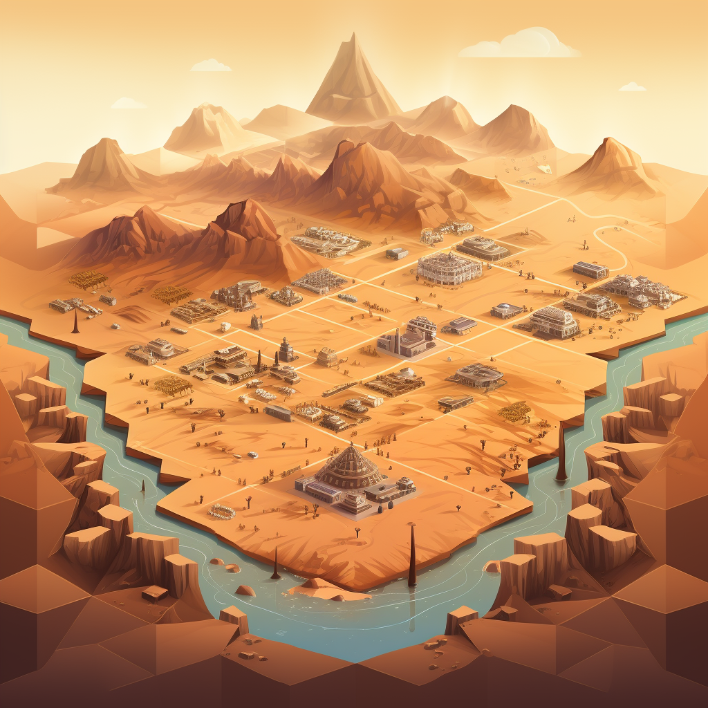 Isometric hex map of a desert with a dome city