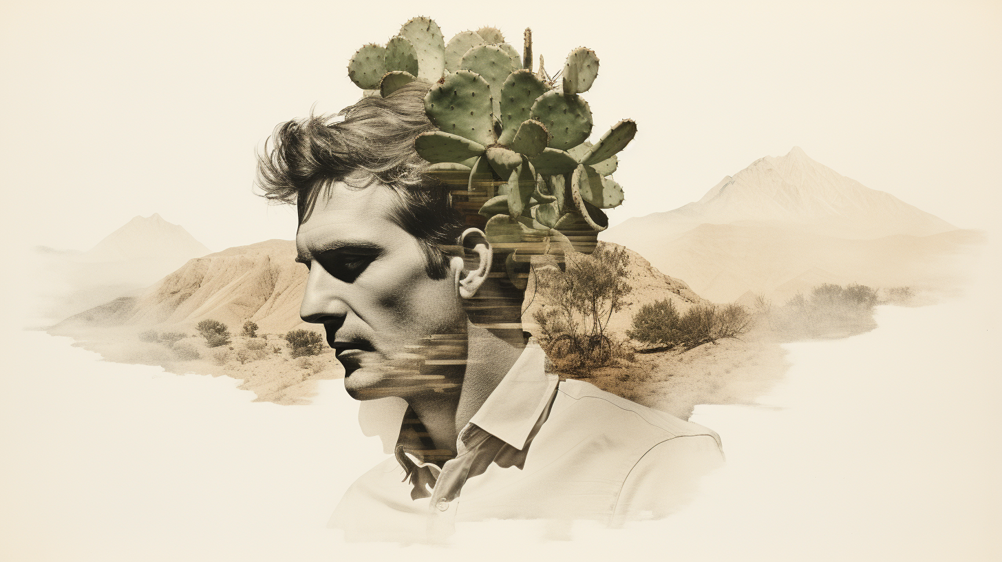 Surreal double exposure portrait of a man in the desert