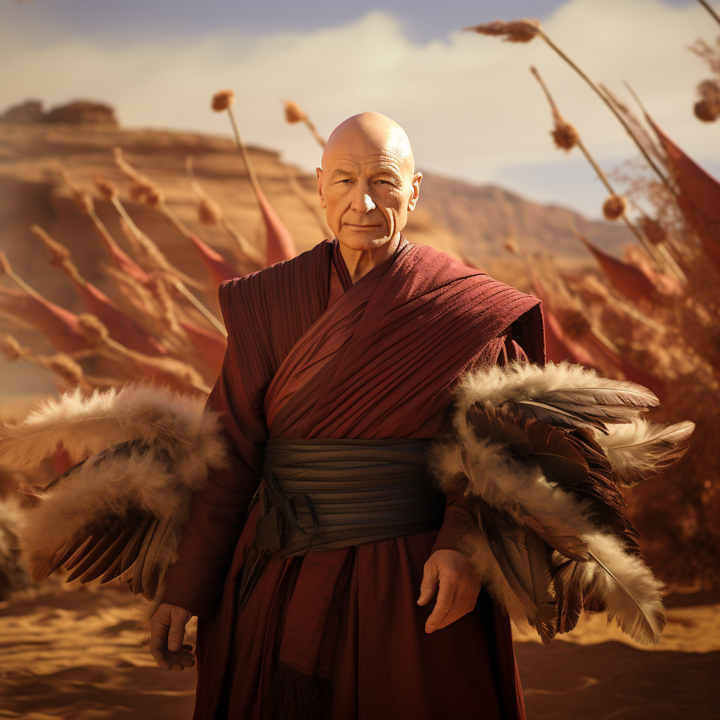 Captain Picard as Desert Monk with Turkey Feathers