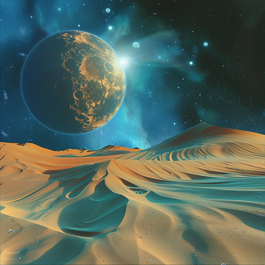 Desert moon with sand dunes and blue sky