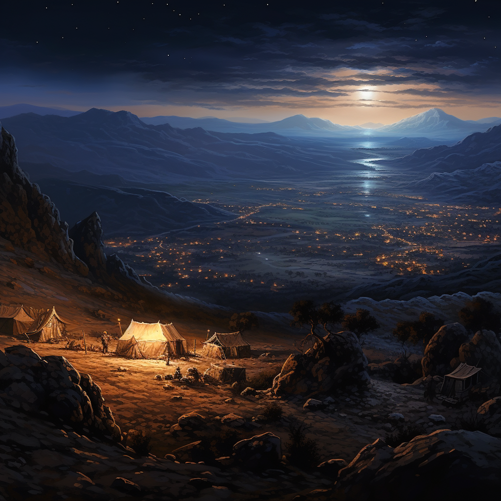 Abandoned camp on mountaintop under moonlight