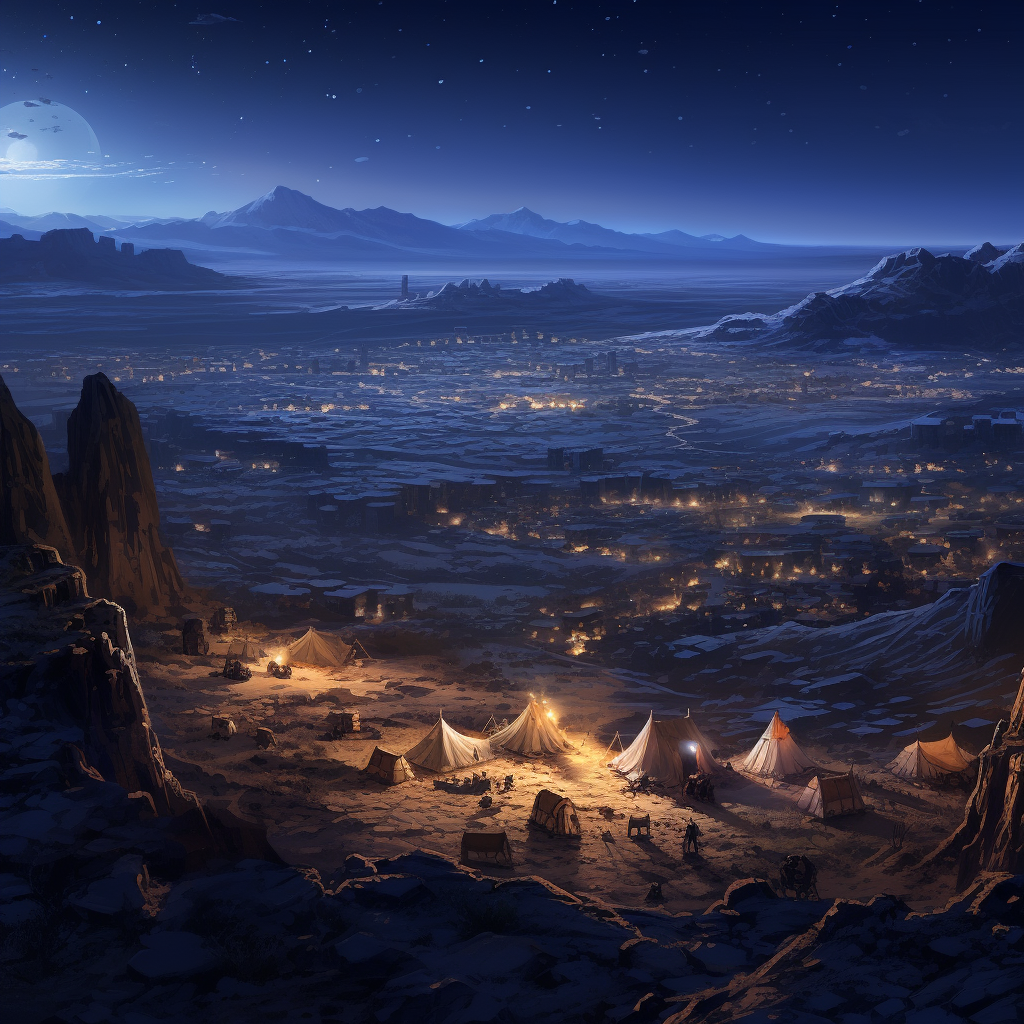 Moonlit view of desert town from abandoned campsite