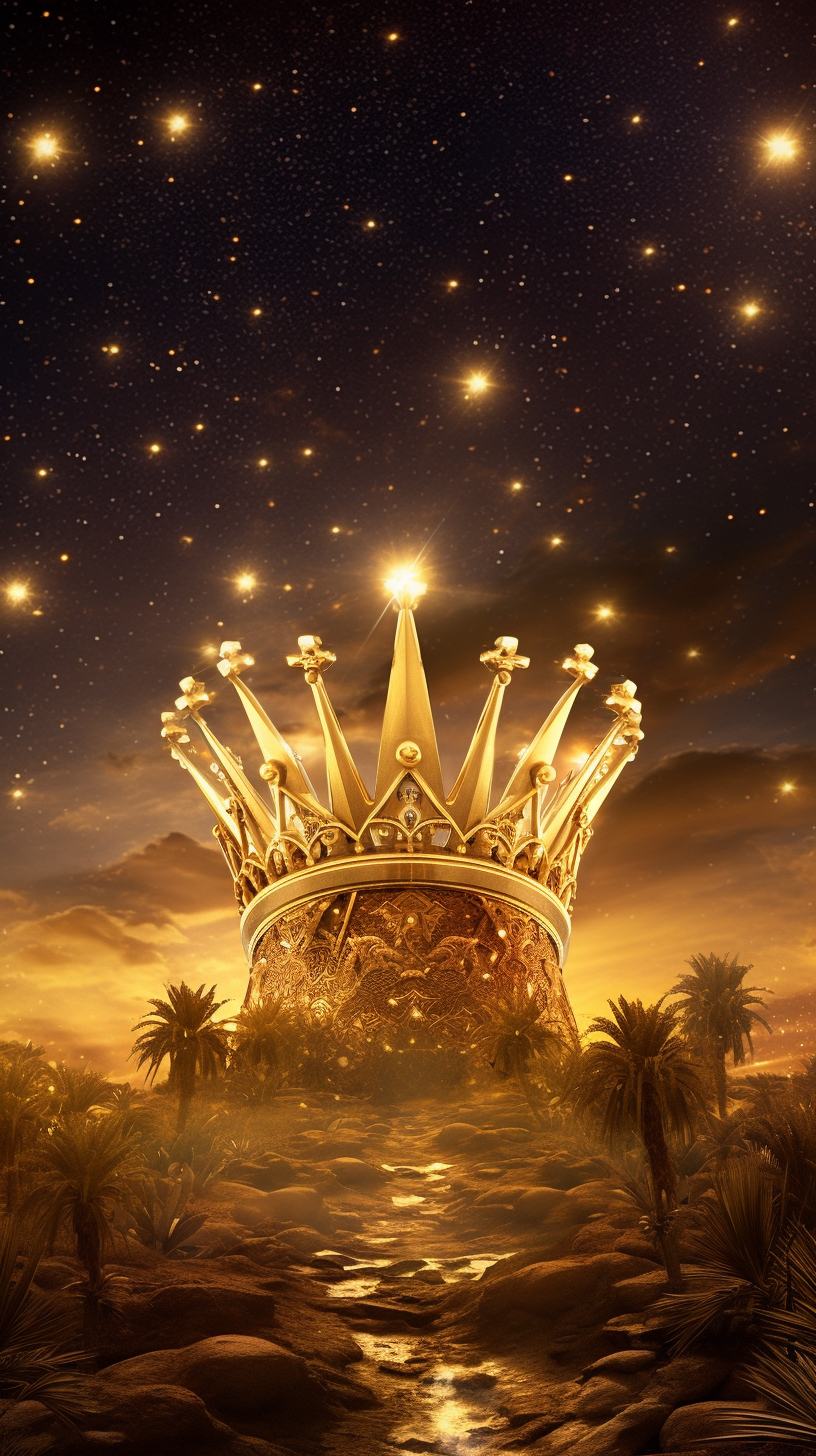 Shiny golden crown under desert night sky