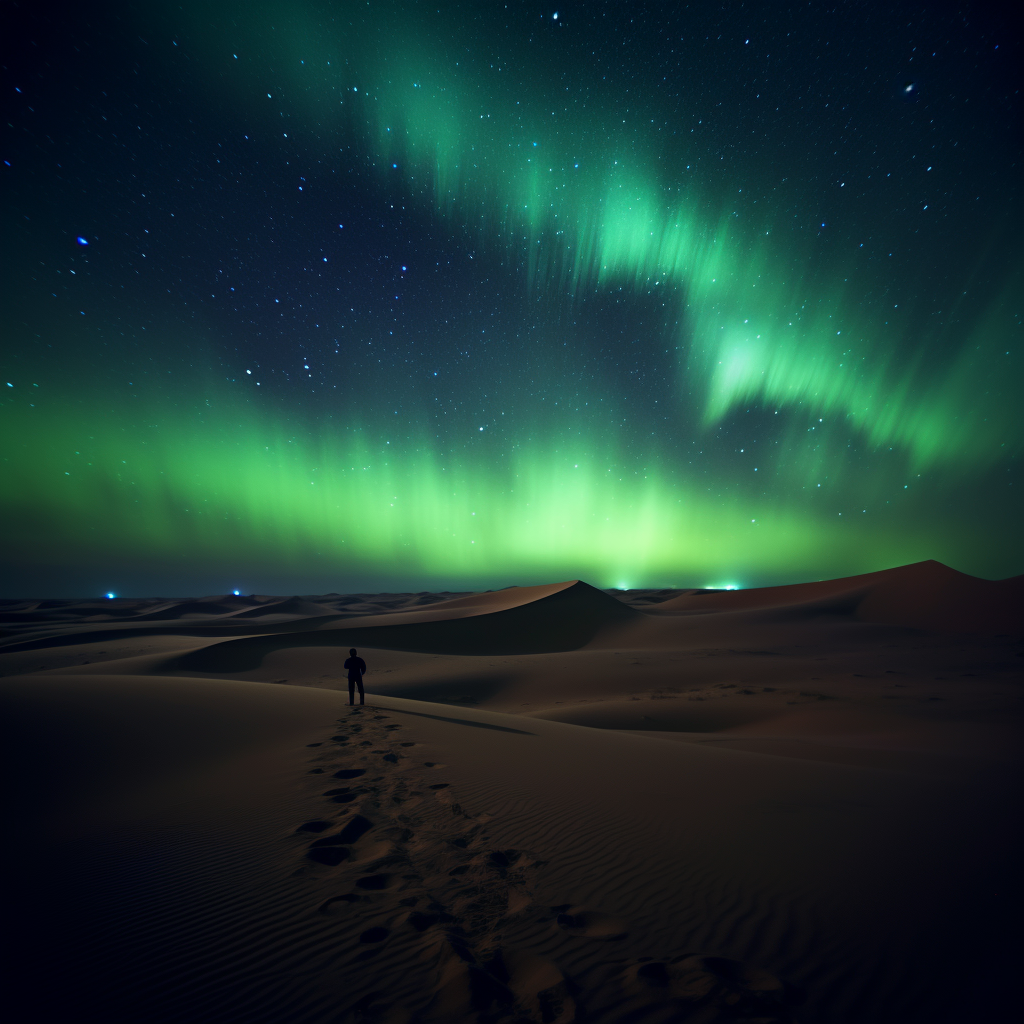 Vibrant green aurora in the desert night