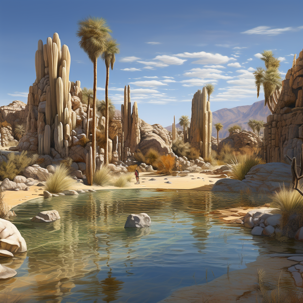 Realistic Desert Oasis with Cracked Statues