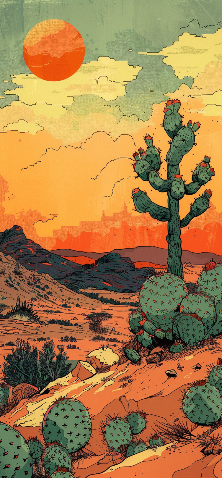 Colorful desert sunset with cactus