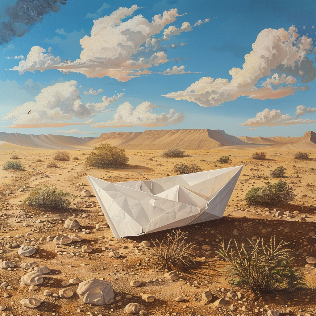 Paper Boat Desert Painting Art