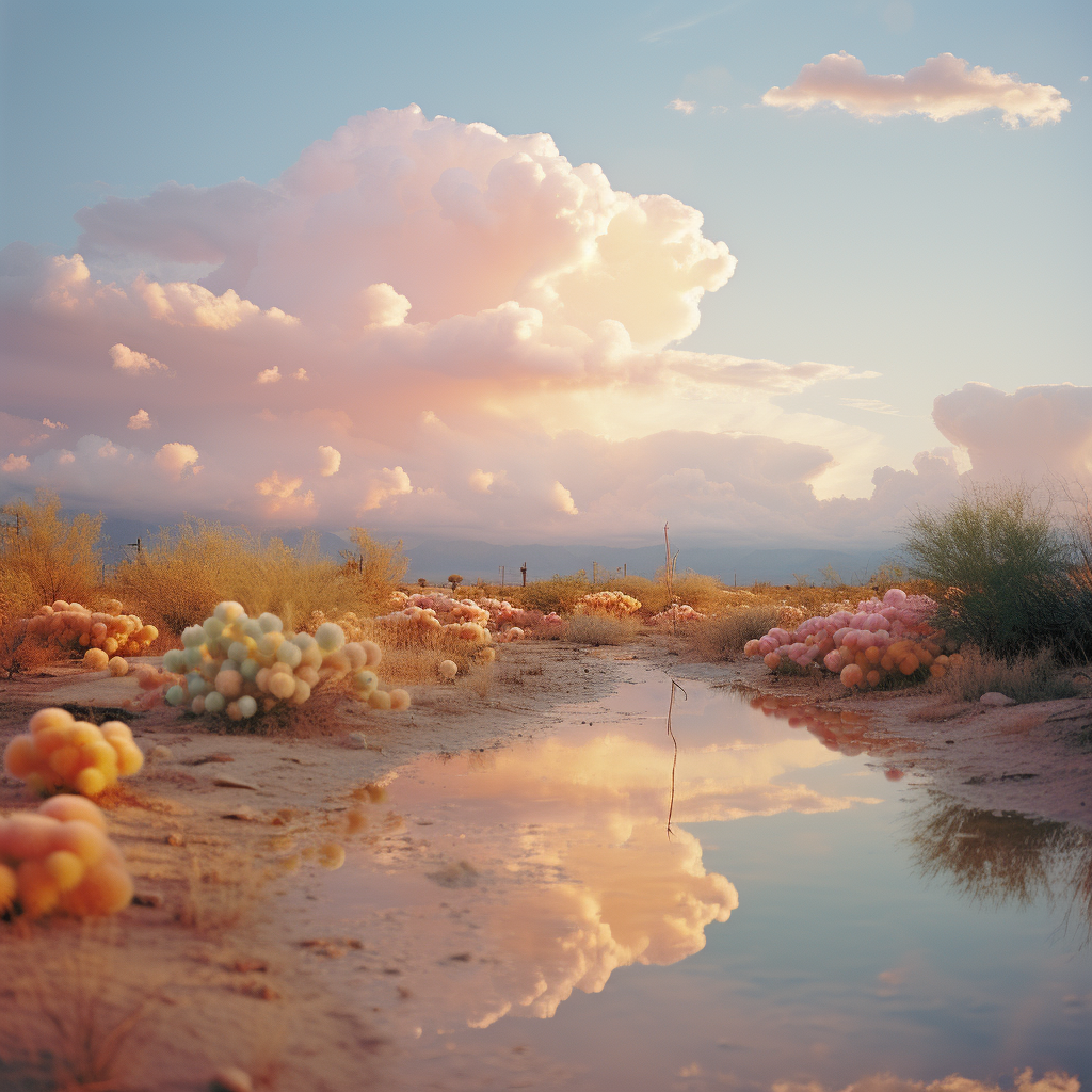 Pastel retrofuturistic desert scene with cacti, stream, and cloud