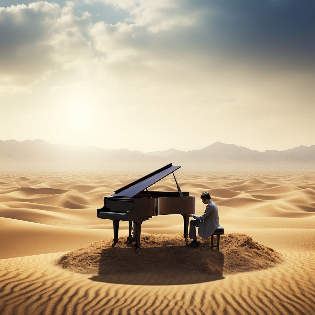 Piano player creating magical melody on a desert dune