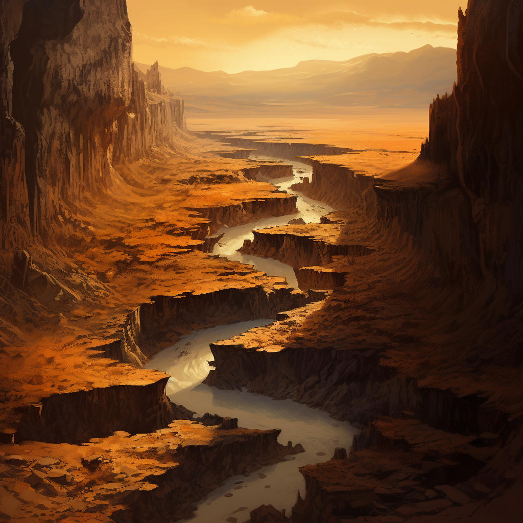 Illustration of a deep desert rift and dried river bed