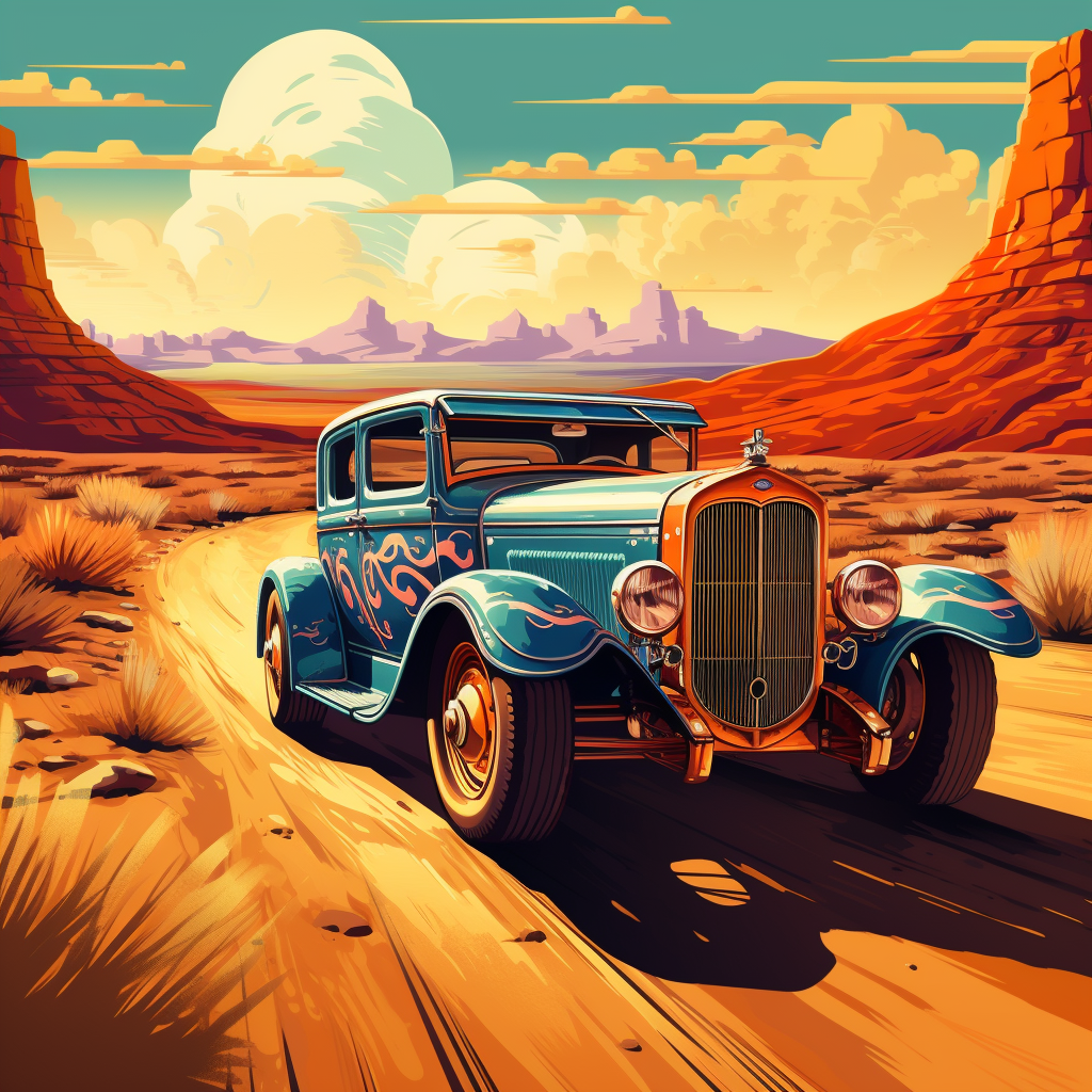 Colorful hot rod drives on desert road