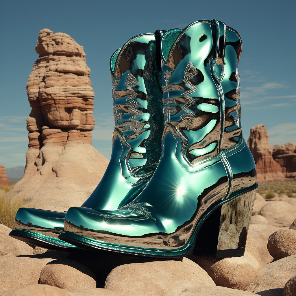 Shiny steel toed cowboy boots on desert rock