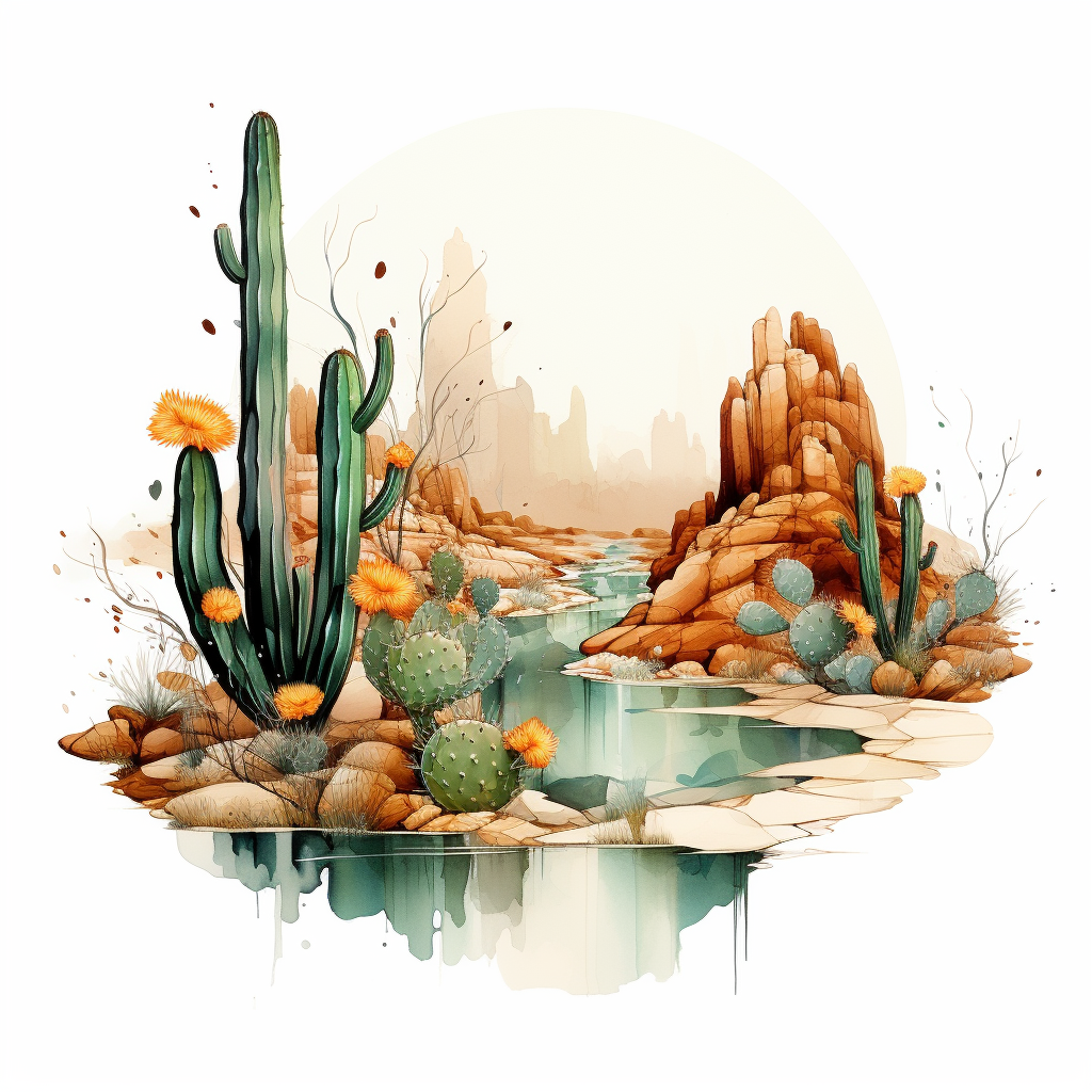 Abstract Watercolor Pattern of Desert Rocks and Plants