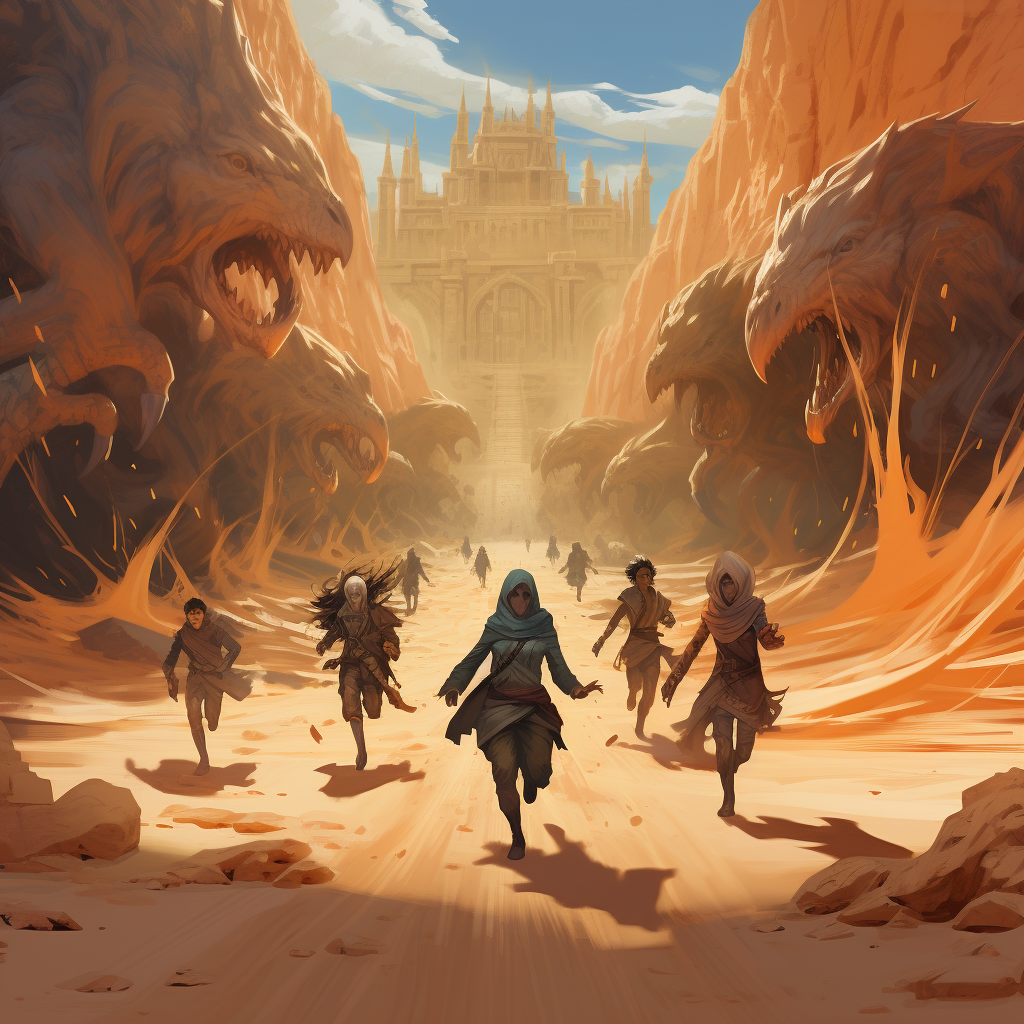 Adventurers running from chasing monsters in desert ruins