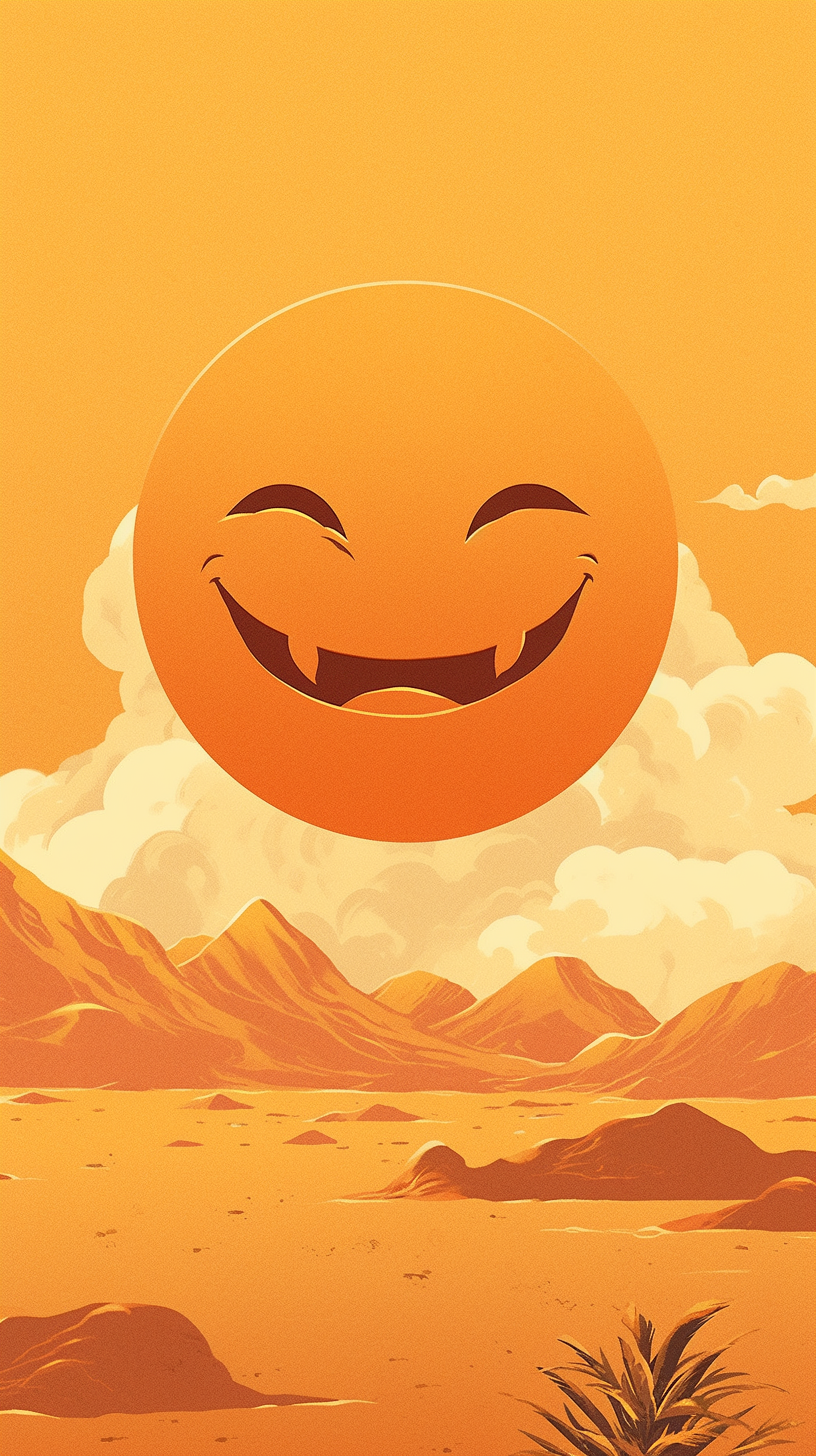 Smiley faced sun overlooking a desert sand town