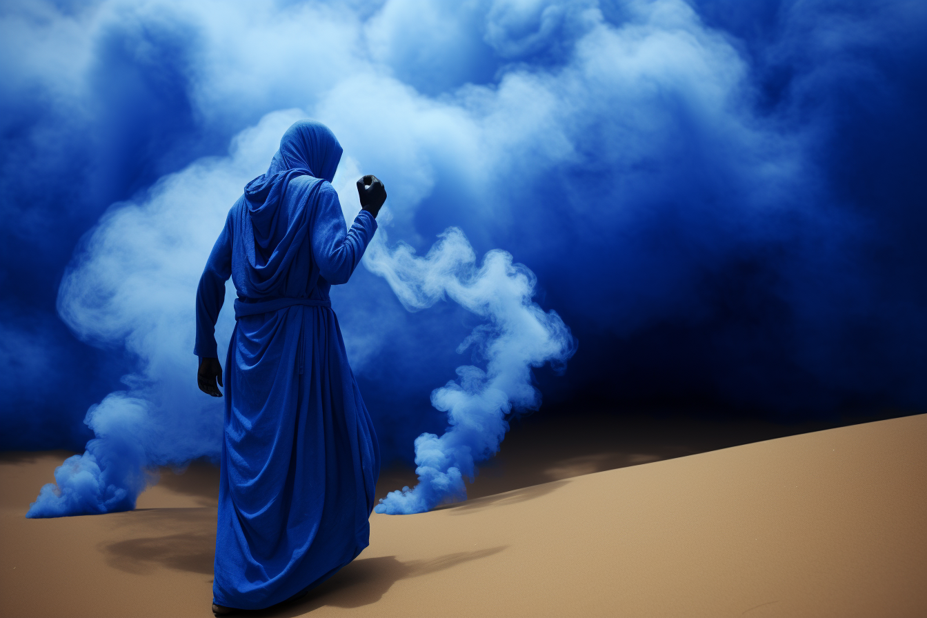 Mystical blue jinn emerging from desert sands