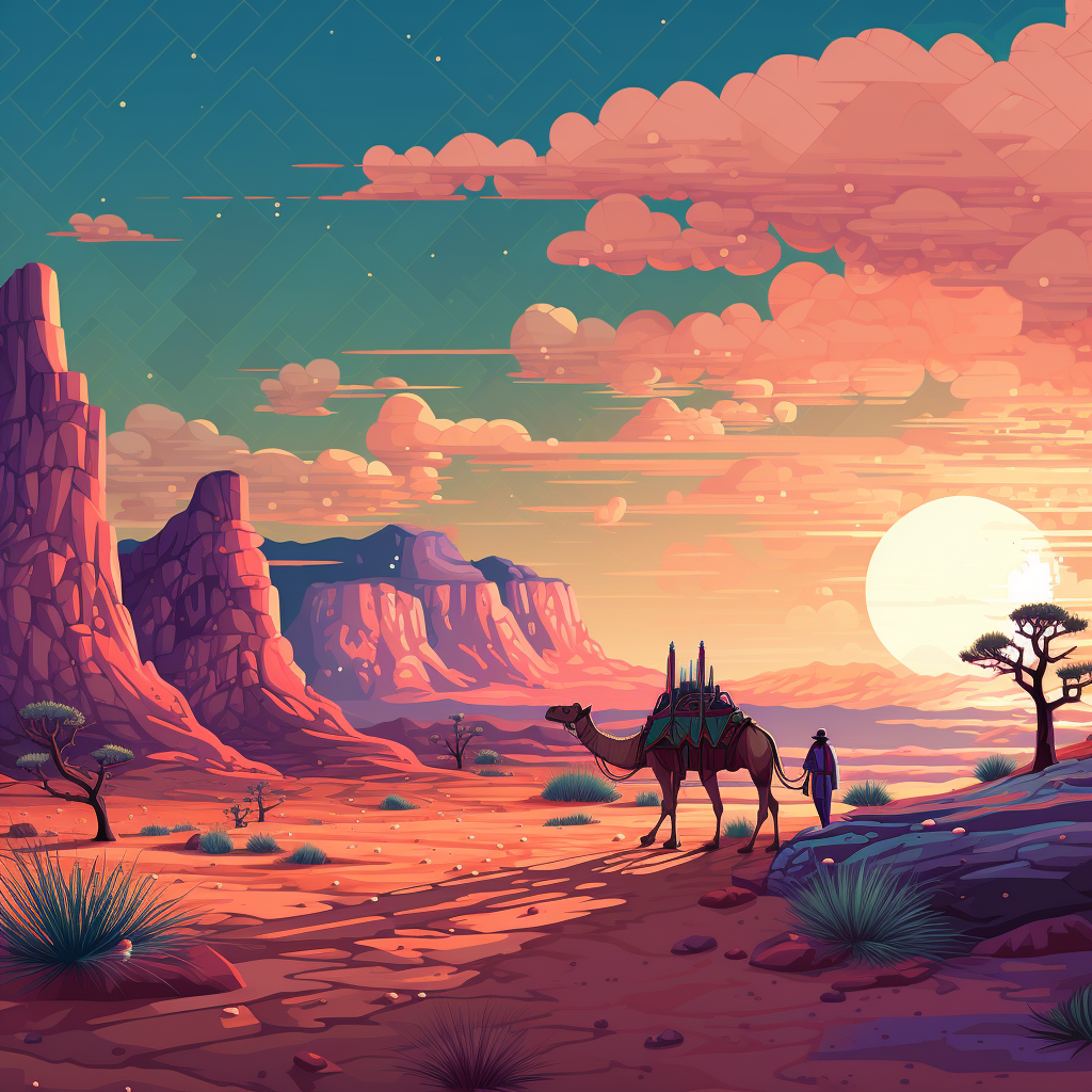 Desert scene with camels in raw style