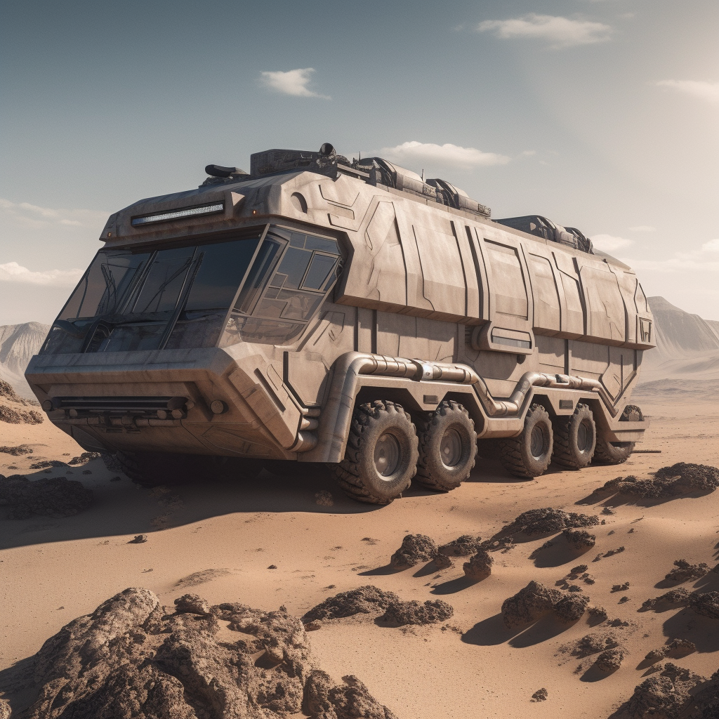 A futuristic megalithic sci fi bus in the desert