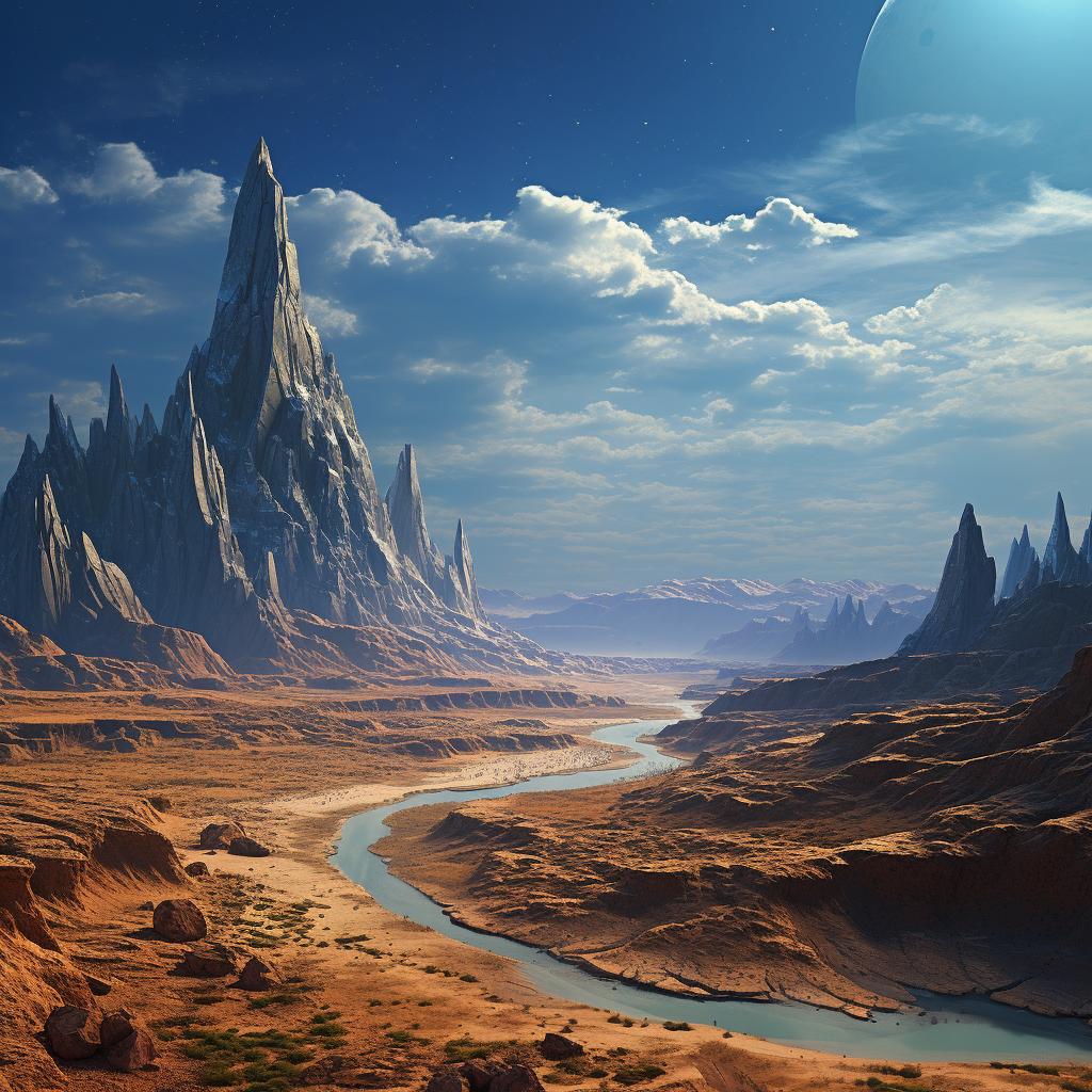 Fantasy desert landscape with lone spire