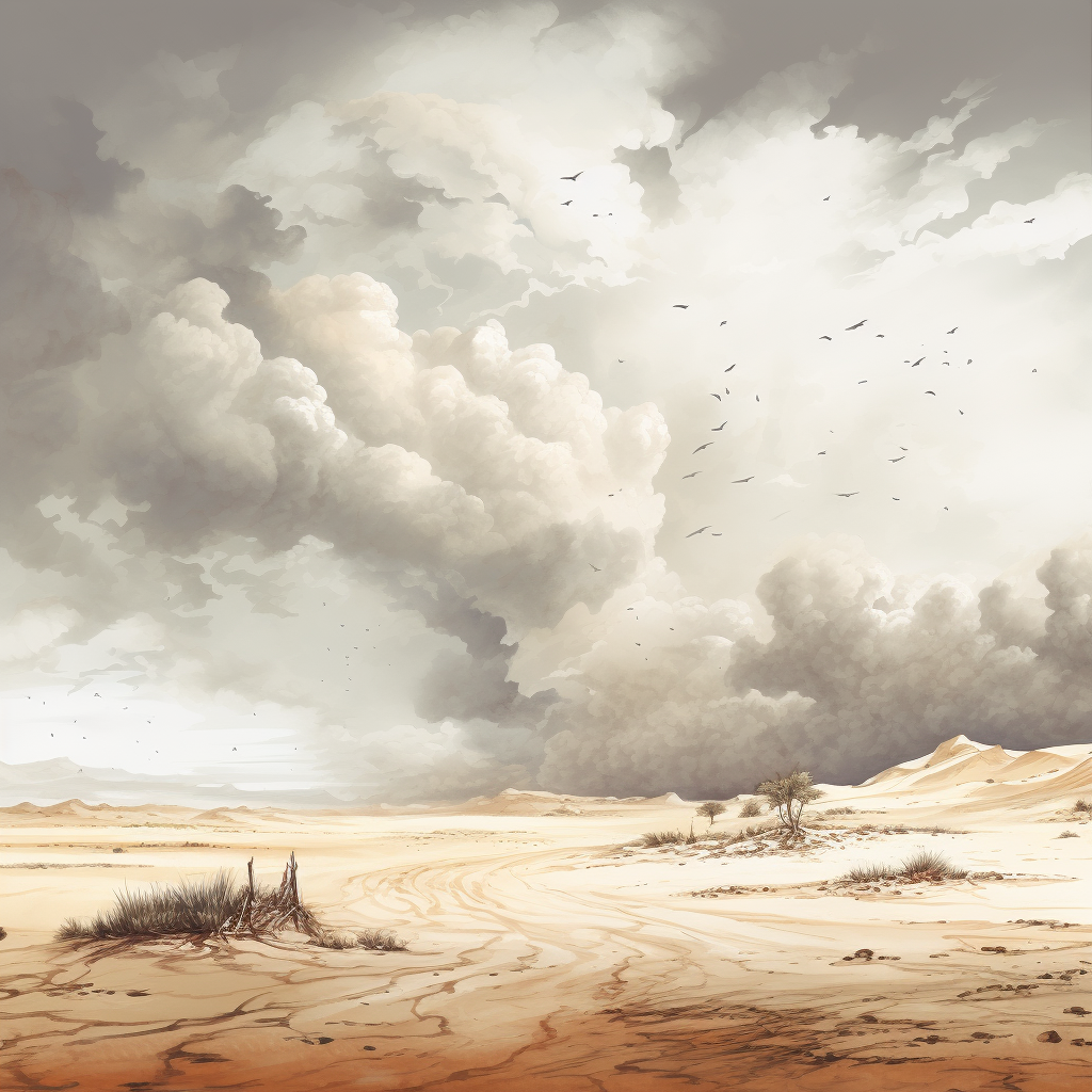 Illustration depicting desert storm with gray sky