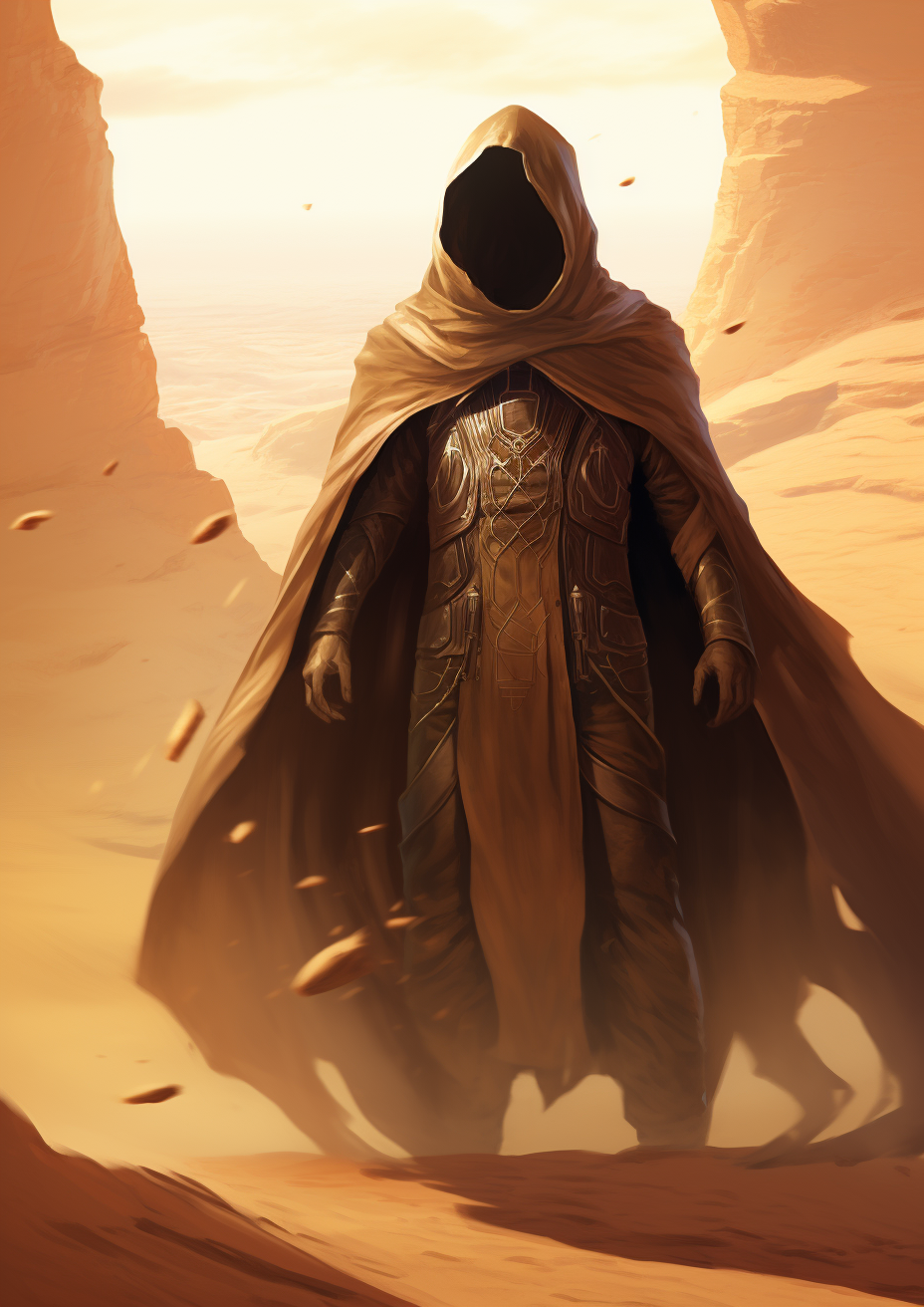 Man in desert cape and storm mask emerging