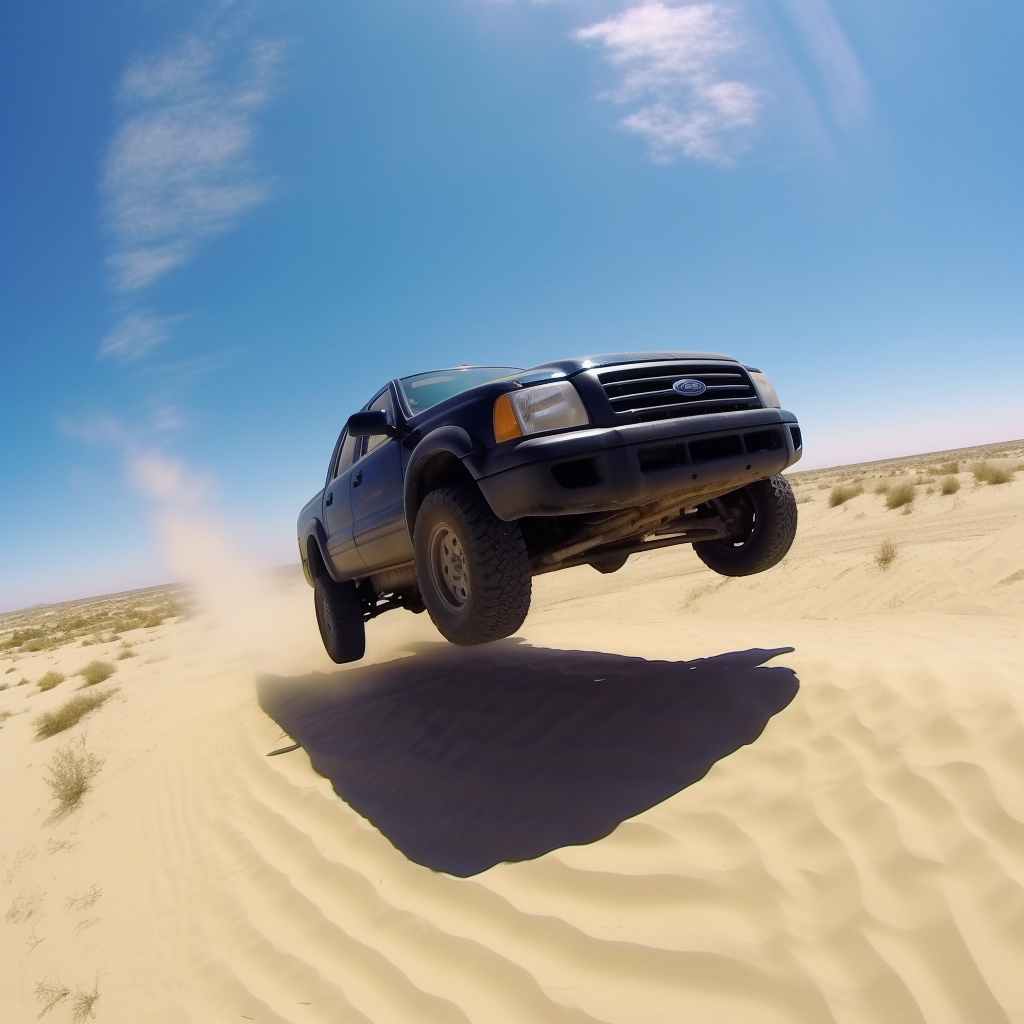 Black Ford Ranger Supercab Edge jumping a dune