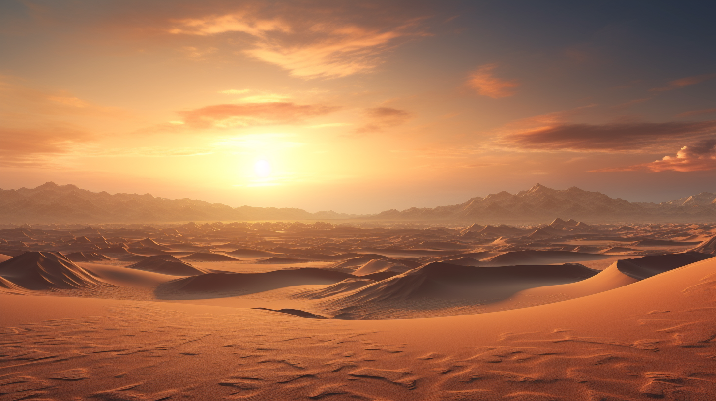 Sunrise over vast desert dunes