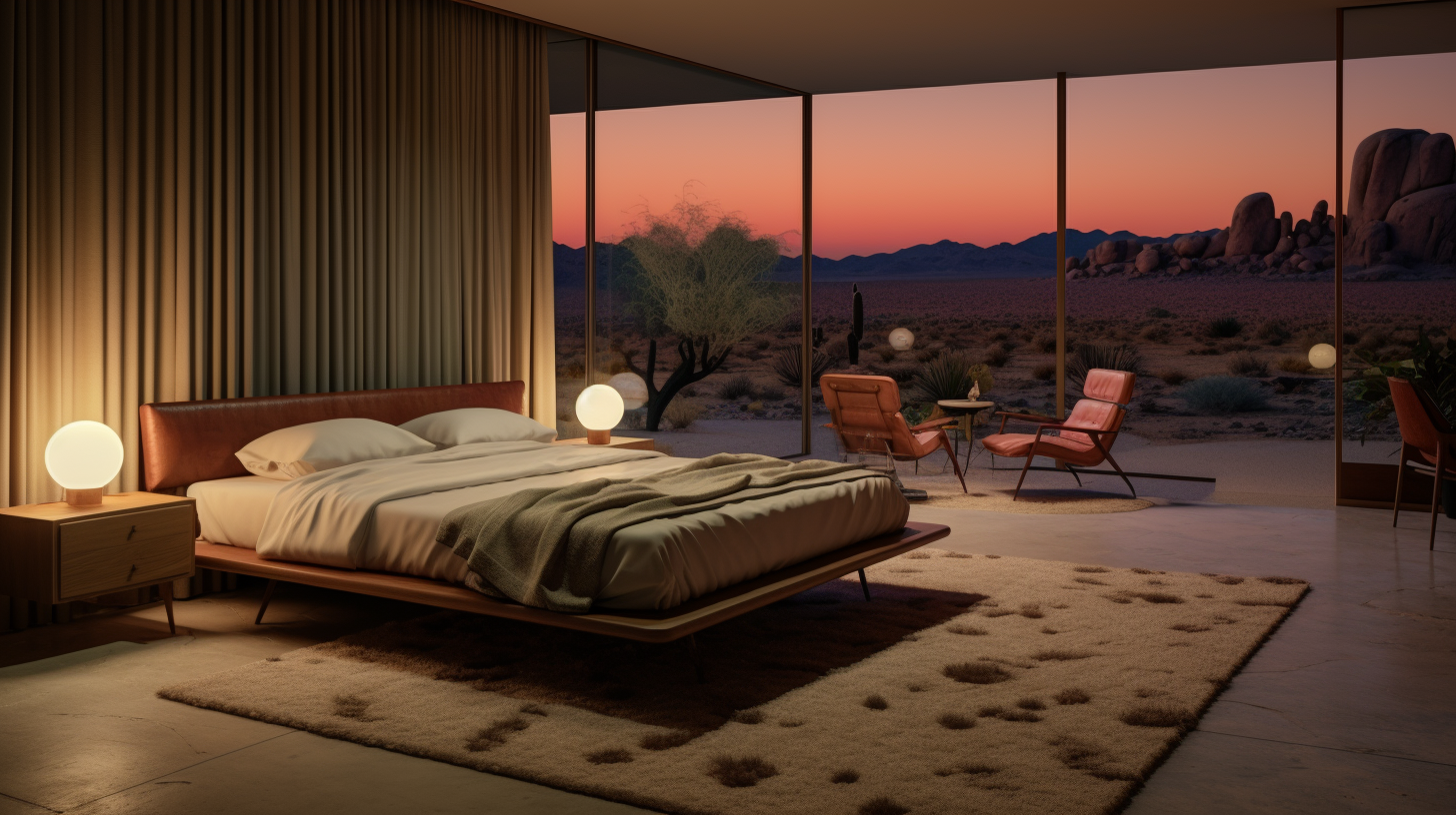 Cozy desert bedroom with dim lamp lighting