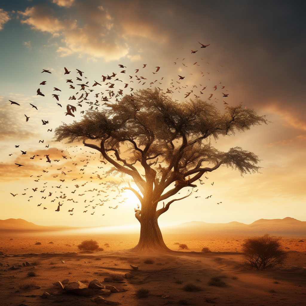 Beautiful desert tree with flying birds