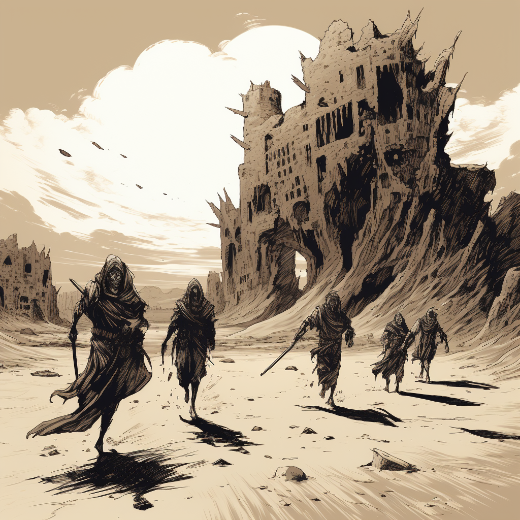 Adventuring party facing mysterious desert monsters