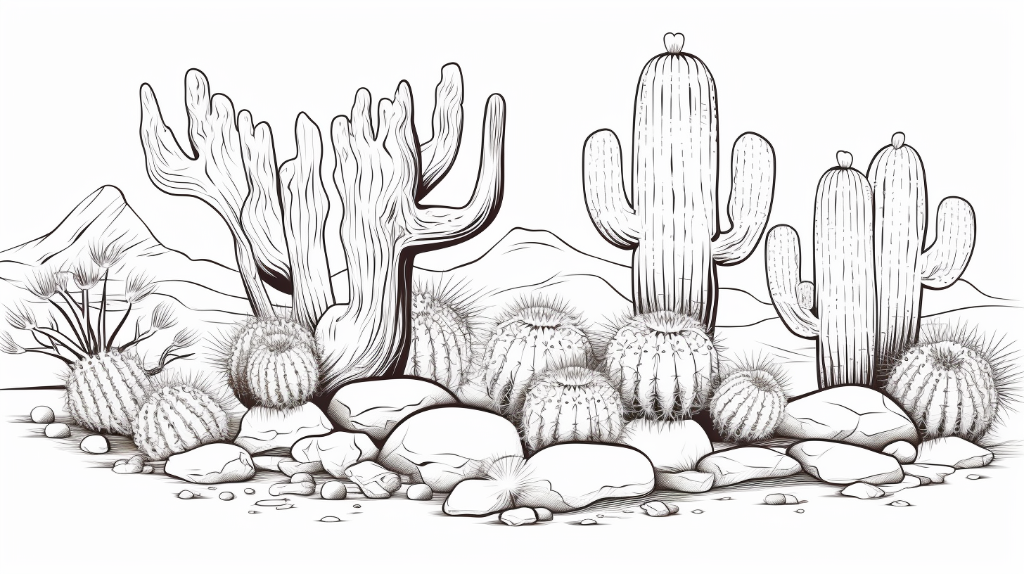 Black and White Outline of Desert Cacti